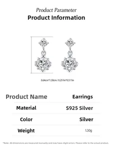 Macro shot of twin flower S925 silver earrings with sparkling zircon stones and dimensions