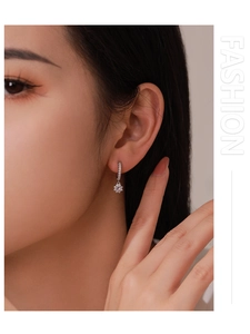 Detailed close-up of 925 sterling silver drop earrings with pink flowers and zircons