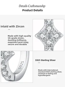 Détail de boucles d'oreilles en argent S925 avec zircons 5A et poinçon d'authenticité