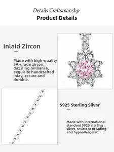 Macro view of flower pendant in S925 sterling silver with pink 5A cubic zirconia