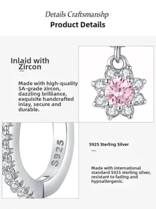 Détail macro du pendentif tournesol en argent S925 avec zircons roses et blancs brillants