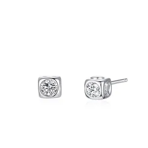 925 Sterling Silver Cube Stud Earrings For Women Minimalist Geometric Zirconia Inlaid Tiny Square Earrings Commuter Jewelry