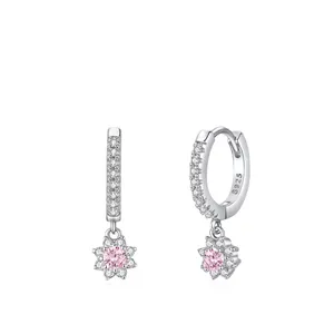 S925 Sterling Silver Pink Flower Dangle Earrings Sweet Fresh Style Inlaid Zirconia Lightweight Luxury Jewelry For Women Gift