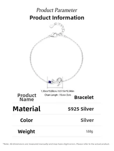 Detailed size specifications of the S925 silver kitten bracelet with blue gemstone