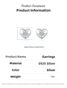 Detail specifications of 925 silver heart stud earrings with size and weight data