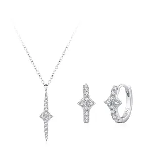 925 Sterling Silver Four Pointed Star Jewelry Set Zirconia Inlaid Necklace Earrings Women Elegant Fashion Star Jewelry Gift