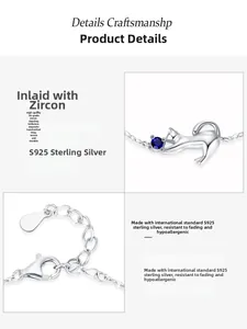 Detail of S925 sterling silver cat bracelet with blue zircon and lobster clasp closure