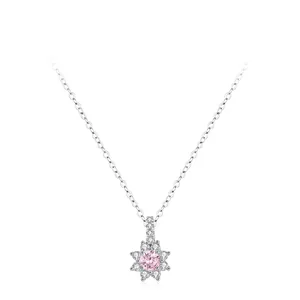 925 Sterling Silver Pink Zirconia Sunflower Pendant Necklace For Women Sweet Cute Flower Design Elegant Girls Jewelry Gift