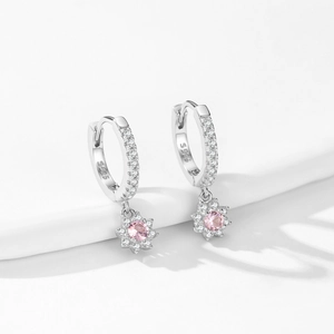 925 sterling silver hoop earrings with pink flower pendant and sparkling cubic zirconia
