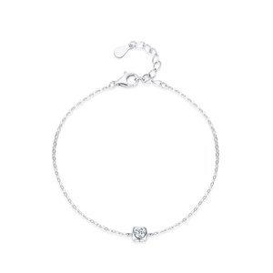 S925 sterling silver chain bracelet with square zircon and heart tag on white background