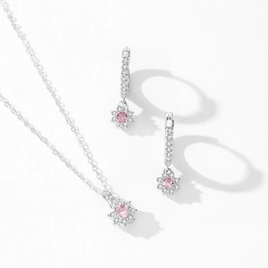 Elegant S925 silver sunflower necklace and earrings jewelry set with pink stones