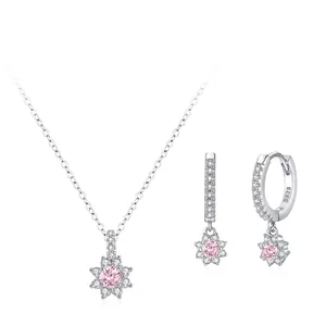 Parure de Bijoux Élégante en Argent Sterling 925 Tournesol Rose Femme Incrusté de Zirconia Collier Pendentif Floral Boucles d'Oreilles