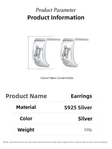 Detail view of 925 sterling silver C-shaped stud earrings with clear zircon stones