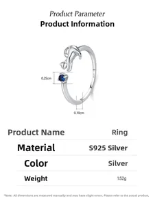 Macro view of S925 silver cat ring with blue sapphire showing precise size measurements
