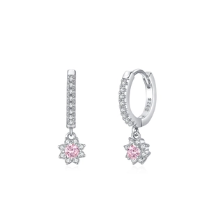 Elegant 925 sterling silver hoop earrings with pink flower charms and white zircon accents