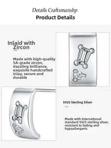Detailed view of S925 sterling silver C-shaped studs with 5A grade zircon hand-set stones