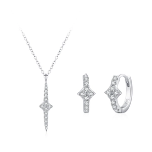 Sparkling S925 sterling silver four-pointed star necklace and earrings jewelry set
