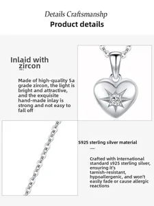 Detail showing S925 sterling silver heart pendant with an inlaid starburst zircon