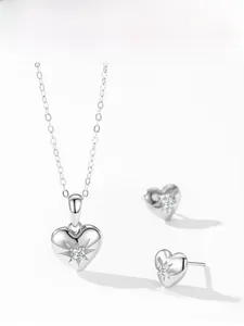 S925 silver heart necklace and earrings set with starburst engraving and crystals