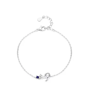 S925 Sterling Silver Cat Bracelet For Women With Blue Zirconia Cute Animal Charm Chain Niche Design Ins Style Jewelry