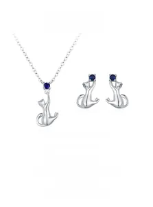 Détails du coffret bijoux chat en argent 925 avec des pierres précieuses bleu foncé
