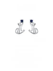 Detailed view of S925 sterling silver cat earrings featuring deep blue gemstones