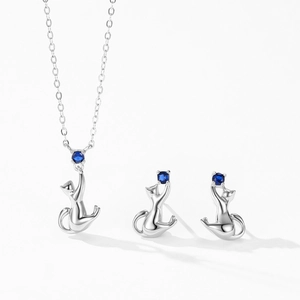 Cute S925 sterling silver kitten jewelry set with blue sapphire zirconia stones