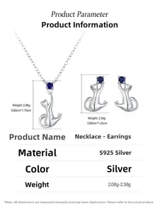 Détails des dimensions et spécifications de l'ensemble bijoux chat en argent 925