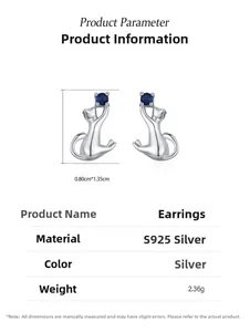 Detailed size parameters for S925 silver cat earrings with blue gemstones and dimensions