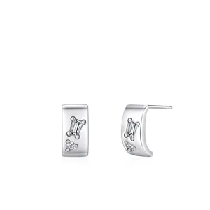 925 Sterling Silver Geometric C-Shaped Stud Earrings With Inlaid Rectangular Round Zirconia Minimalist Jewelry For Women