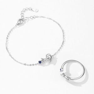 S925 sterling silver cat jewelry set with bracelet and ring featuring blue gemstones