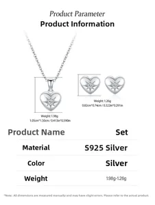Detail of S925 sterling silver heart star jewelry set with necklace and earrings