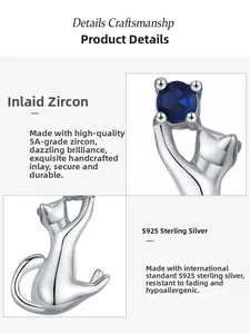 Detailed craftsmanship of S925 sterling silver cat stud with a blue 5A grade zircon stone