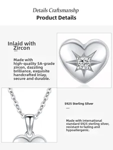 Macro detail of 925 sterling silver heart necklace with 5A cubic zirconia star setting