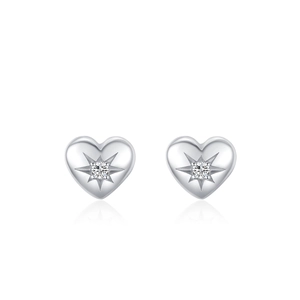 925 Sterling Silver Heart Stud Earrings with Starburst Pattern and Cubic Zirconia