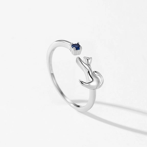S925 sterling silver open ring with cute kitten and blue sapphire stone on white background