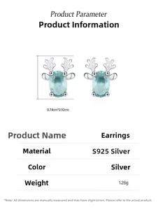 Détails des boucles d'oreilles renne en argent 925 avec pierre bleue et taille 0,74x0,92cm