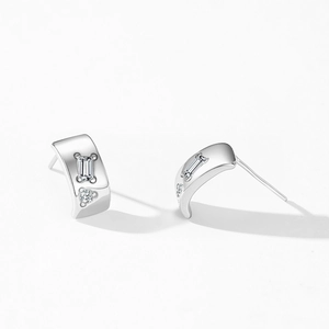 Elegant 925 sterling silver C-shaped hoop earrings with rectangular zircon stones