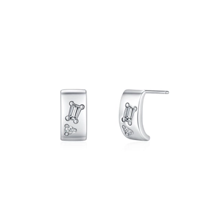 925 silver C-shape stud earrings with square and round zircons on a white background