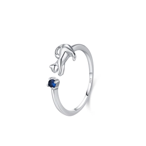 S925 sterling silver cat open ring with a round blue sapphire stone for women