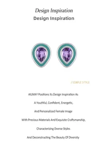 Détail de boucles d'oreilles améthyste goutte avec émail vert et base en argent 925