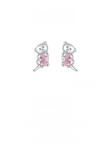 Detail of 925 silver koala stud earrings featuring a pink pear-shaped gemstone