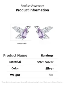 Detailed size specifications of 925 silver hummingbird studs with purple stones