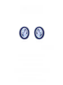 Detailed close-up of S925 sterling silver oval blue zircon studs on white background