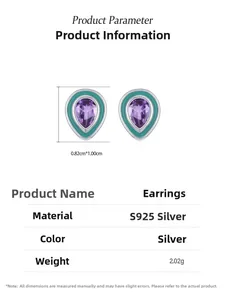 Gros plan de boucles d'oreilles améthyste en argent 925 montrant les dimensions détaillées