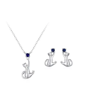 Parure de Bijoux en Argent Sterling 925 Chat Mignon Avec Zirconia Bleu Incrusté Collier Pendentif Animal Et Boucles d'Oreilles