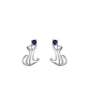 925 Sterling Silver Cat Stud Earrings With Blue Zirconia Niche Design Cute Animal Earrings For Women Daily Jewelry Gift