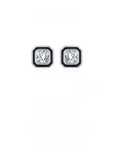 Detailed macro view of S925 sterling silver square zircon stud earrings with black enamel