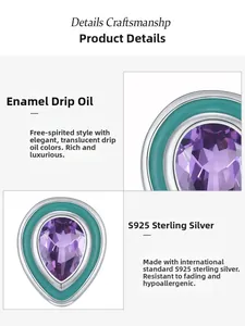 Détails du clou en argent S925 avec gemme goutte violette et émail vert élégant
