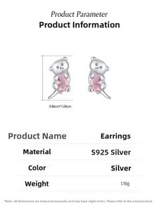 Macro detail of S925 silver koala earrings with pink gemstones and size specifications